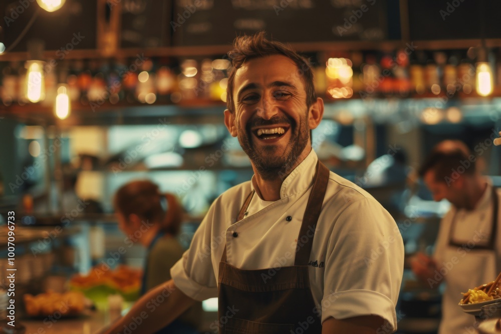 Wall mural Portrait of a smiling chef in busy restaurant