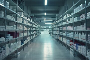 Obraz premium Pharmaceutical warehouse with organized shelves and neatly arranged medication