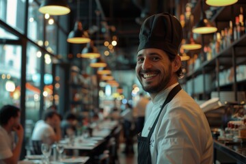 Portrait of a smiling chef in busy restaurant