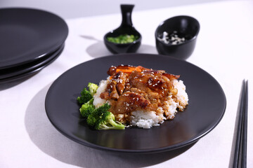 Chicken Teriyaki grilled rice with rice Japanese Food Style , put on white table
