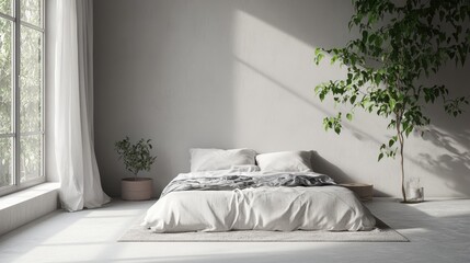 Tranquil minimalist bedroom with a minimalist bed, soft gray walls, and a touch of greenery