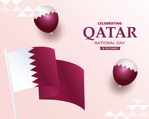 Qatar national day celebration 18 December, Qatar silhouette building and waving flag, vector illustration,