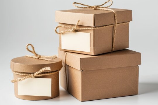 Three stacked boxes bound together with twine, possibly for storage or shipping