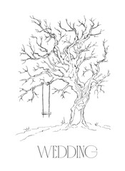 silhouette of a tree with a heart on the trunk with bare branches for fingerprint printing instead of leaves at the wedding