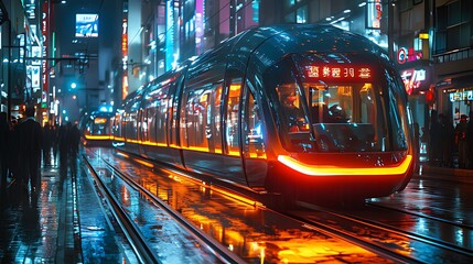 Obraz premium A modern tram traveling through a bustling city street at night, with glowing lights and reflections in the wet pavement.