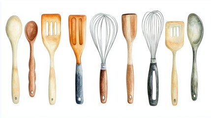 A collection of kitchen utensils displayed in a row showcasing various shapes and materials against a light background