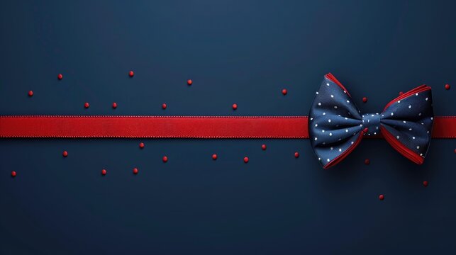 A simple yet elegant presentation of a bow tied to a red ribbon against a blue background