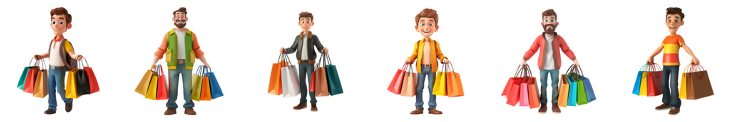 White man mascot with shopping bags, 3D cartoon illustration, isolated on transparent background, cute animated style, beautiful colors, generative ai