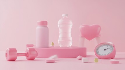 A 3D render of healthy lifestyle elements: dumbbells, scales, and a water bottle on a pink backdrop. 