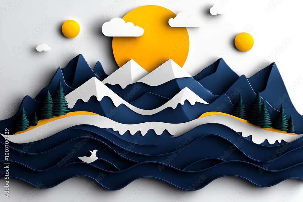 Poster minimalist ocean and nature scene, with abstract shapes representing waves and a forested coastline 