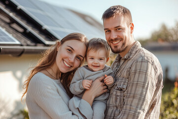 Obraz premium Happy Young Family Posing Outside Near Solar Panels 