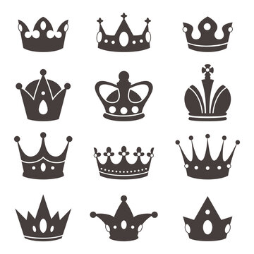 Royal crown silhouettes. Power symbol icons, king, queen and princess accessories, majestic corones, simple heraldic elements, monarch diadem, logotype design, vector black flat isolated set