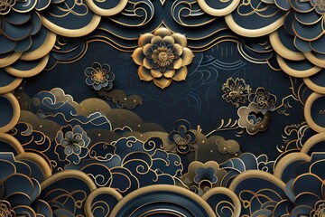 A close-up view of a paper cut flower design surrounded by cloudy shapes