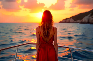 Fototapeta premium Beautiful young woman on a yacht looking at the horizon. Girl in red dress, stands with his back to the camera. Wonderful landscape, sunset
