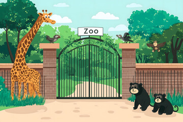 A cartoon zoo entrance with the words Zoo Animal and Adventure Concept