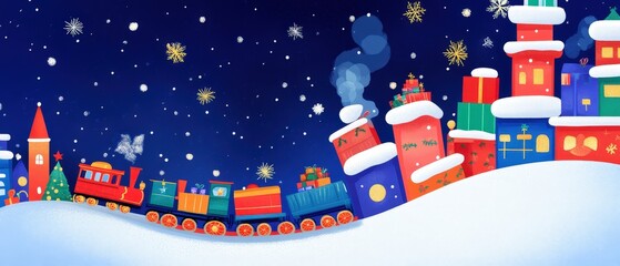 Fototapeta premium A train with a red engine and a blue car is traveling through a snowy landscape