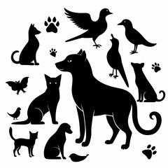 A vector illustration featuring a collection of various animals, including a dog, cat, birds, and a bat, all silhouetted in black against a white background.