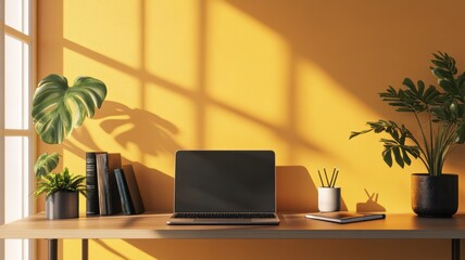 Fototapeta premium Cozy workspace with plants and a laptop against a vibrant yellow wall, capturing productivity and tranquility.