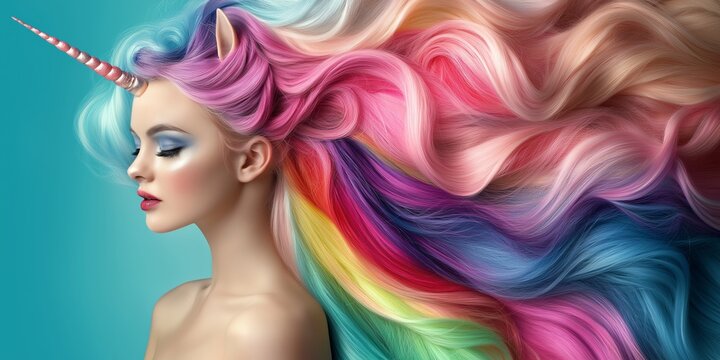 fantasy creature unicorn hairstyle fashion portrait, woman wearing rainbow colorful long hair with horn on blue background with copy space, pink blue pastel tone