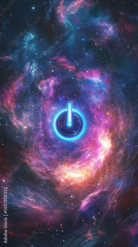Poster galaxy with neon power button symbol in outer space