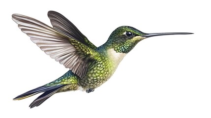 Naklejka premium Sword-billed Hummingbird Flying on White Background, Photo Realistic, Wallpaper, Cover and Screen for Smartphone, PC, Laptop, 9:16 and 16:9 Format