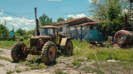 Old tractor parked outside a rundown building, great for nostalgic or rural scenes