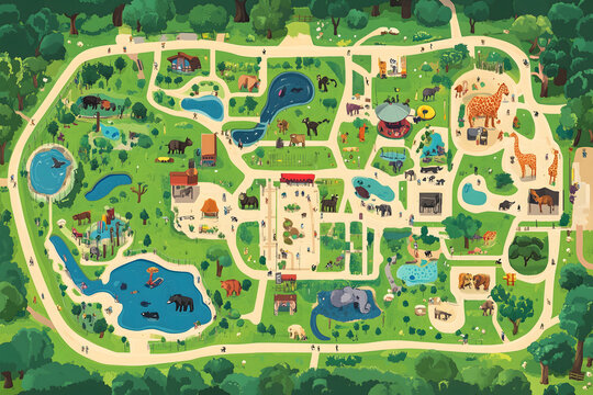 A map of the zoo with all its animals Zoo Map and Adventure Concept