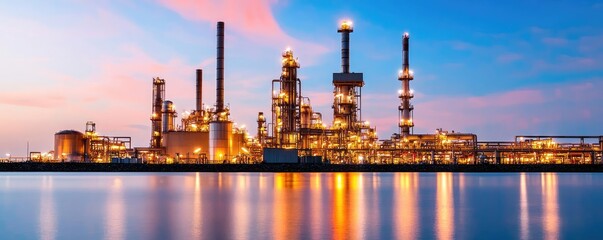 Fototapeta premium An oil refinery glowing at night, with lights reflecting off the surrounding water, symbolizing the energy infrastructure behind global oil production
