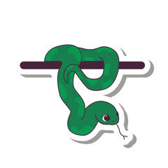 Sticker of cute snake hanging from the shelf. Decorative element for decorating corners, flat surfaces. Symbol of the new year. Vector illustration