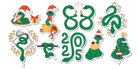 Set of stickers cute cartoon snakes. Chinese Lunar New Year, symbol of 2025. Wriggling snake in Santa Claus hat. Vector baby illustration.