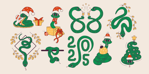 Set of cute cartoon snakes. Chinese Lunar New Year, symbol of 2025. Wriggling snake in Santa Claus hat. Vector baby illustration.
