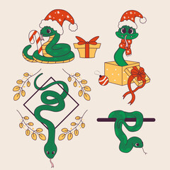 Set of cute cartoon snakes. Chinese Lunar New Year, symbol of 2025. Wriggling snake in Santa Claus hat. Vector baby illustration.