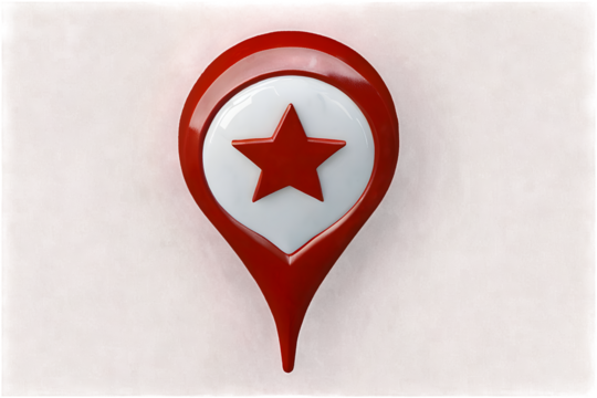 A 3D red location pin icon against a textured, abstract background. The glossy red pin, commonly used in map applications, symbolizes location, navigation, and direction.