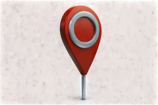 A 3D red location pin icon against a textured, abstract background. The glossy red pin, commonly used in map applications, symbolizes location, navigation, and direction.