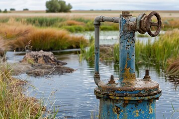 Fototapeta premium Rusty water pump standing in a marshy area, surrounded by vegetation and potentially used for irrigation or other purposes