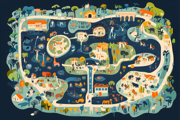 A map of the zoo with all its animals Zoo Map and Adventure Concept