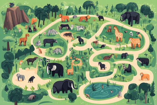 A map of the zoo with all its animals Zoo Map and Adventure Concept