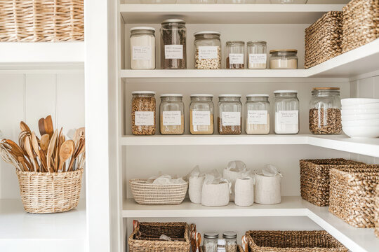 Stylishly organized pantry with jars, baskets, and wooden utensils, creating an inviting and functional kitchen space.