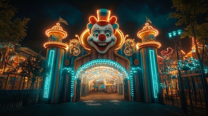 creepy amusement park at night time with giant clown face at entrance gate decorated with lights