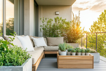 Stylish balcony with cozy seating and vibrant plants, perfect for relaxation and enjoying sunset views in a modern setting.