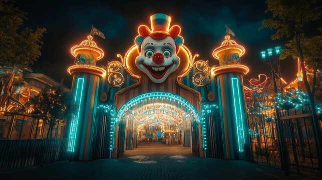 creepy amusement park at night time with giant clown face at entrance gate decorated with lights