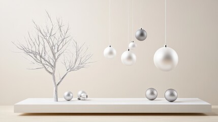 A modern display of monochrome Christmas ornaments, with sleek silver and white designs hanging from a minimalist tree.
