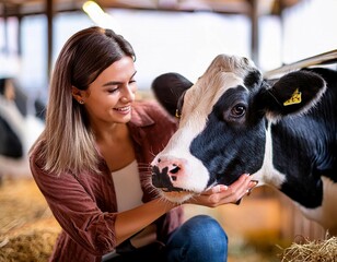 A Smiling Woman Gently Cares for a Black and White Cow in a Barn