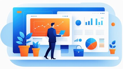 A professional analyzing data on digital screens with charts and graphs.