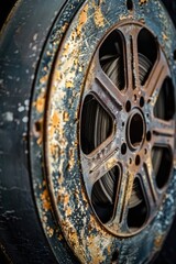 Obraz premium A close-up shot of a tire with visible signs of rust, suitable for use in illustrations about abandonment, decay or neglect