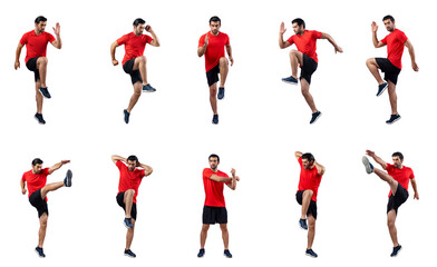 Healthy and active young man in sportswear with different professional fitness posture set of cardio training. Cardio running exercise on isolated background in gaiety full body length shot.