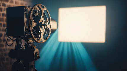 Vintage movie projector is projecting blank screen on wall