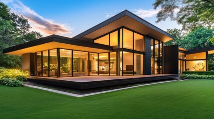 A modern house with large windows and sleek architectural lines, surrounded by a lush green landscape and clear blue skies.