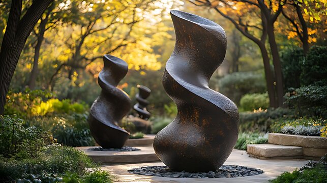 Three abstract bronze sculptures stand on a stone pathway in a garden, bathed in warm, golden light. - Powered by Adobe