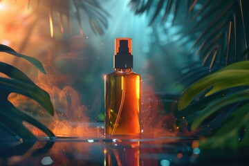 A glass bottle of perfume sits on a table, awaiting use